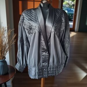 Vintage Valenti Elegant Black Satiny Quilted Embroidered Beaded Blazer Jacket
